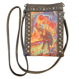 Montana West American Bling Leather Hand Stitched Brown Studded Crossbody Bag